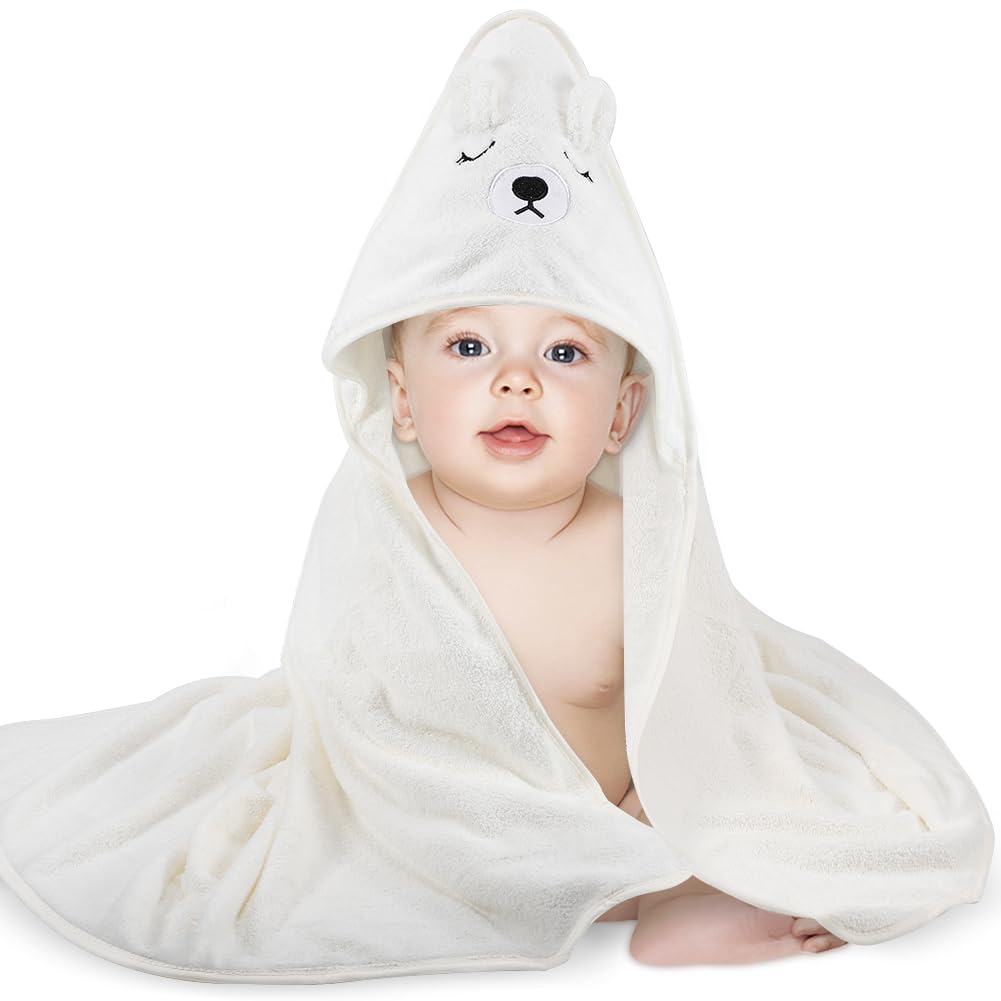 Vabrloy Baby Bath TowelUltra Soft Hooded Baby TowelToddler Bath Towels with Animal DesignAbsorbent Baby Hooded Towel Shower Gifts for Baby Boys Girls31.5x31.5 inch(White Bear)