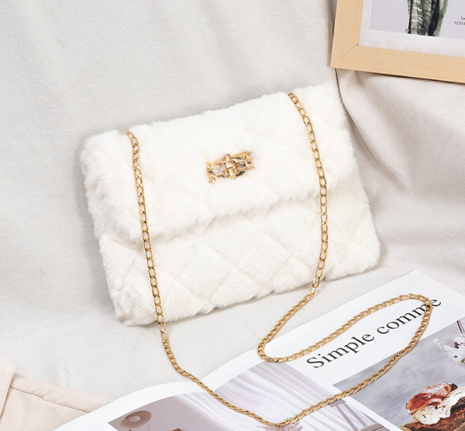 Furry Crossbody Bag with Quilted Chain Strap