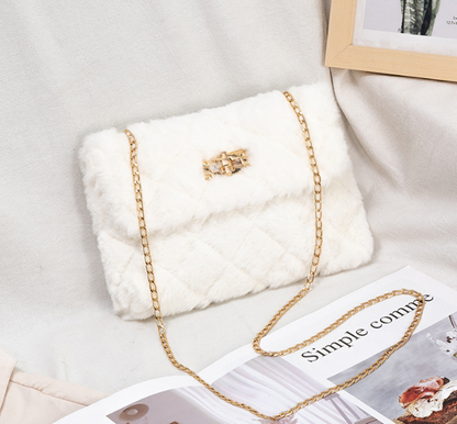 Furry Crossbody Bag with Quilted Chain Strap