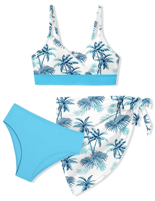 ADIFUN Bathing Suits for Girls 12-14 V Neck Adjustable Straps Teen Bathing Suits for Girls 12-14 Swimsuit for Girls 12-14 Blue Palm Bikini Size 13 Size 14