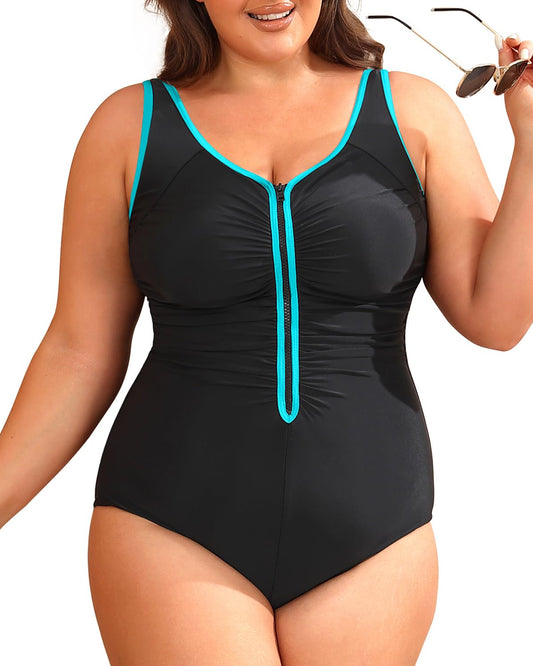 Plus Curve Zip Front One-Piece Swimwear