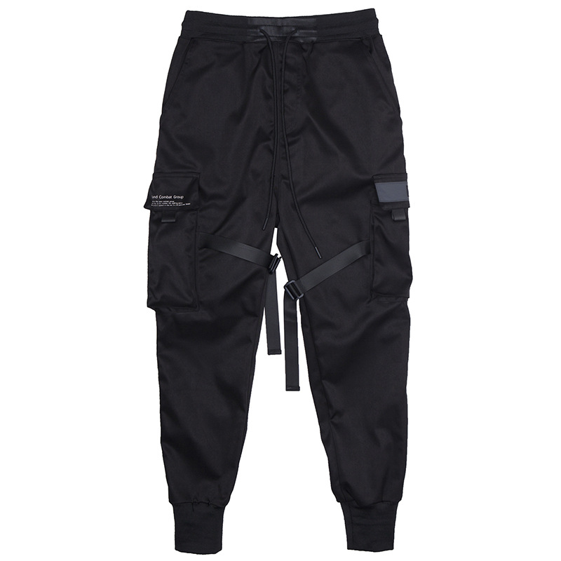 Men's Black Hip Hop Cargo Jogger Pants with Pockets