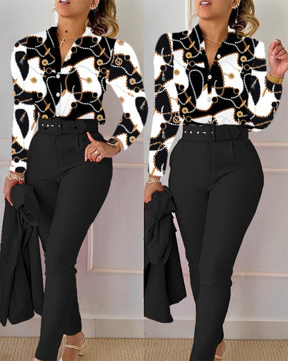 Fashionable Printed Long Sleeve Top and Pants Set