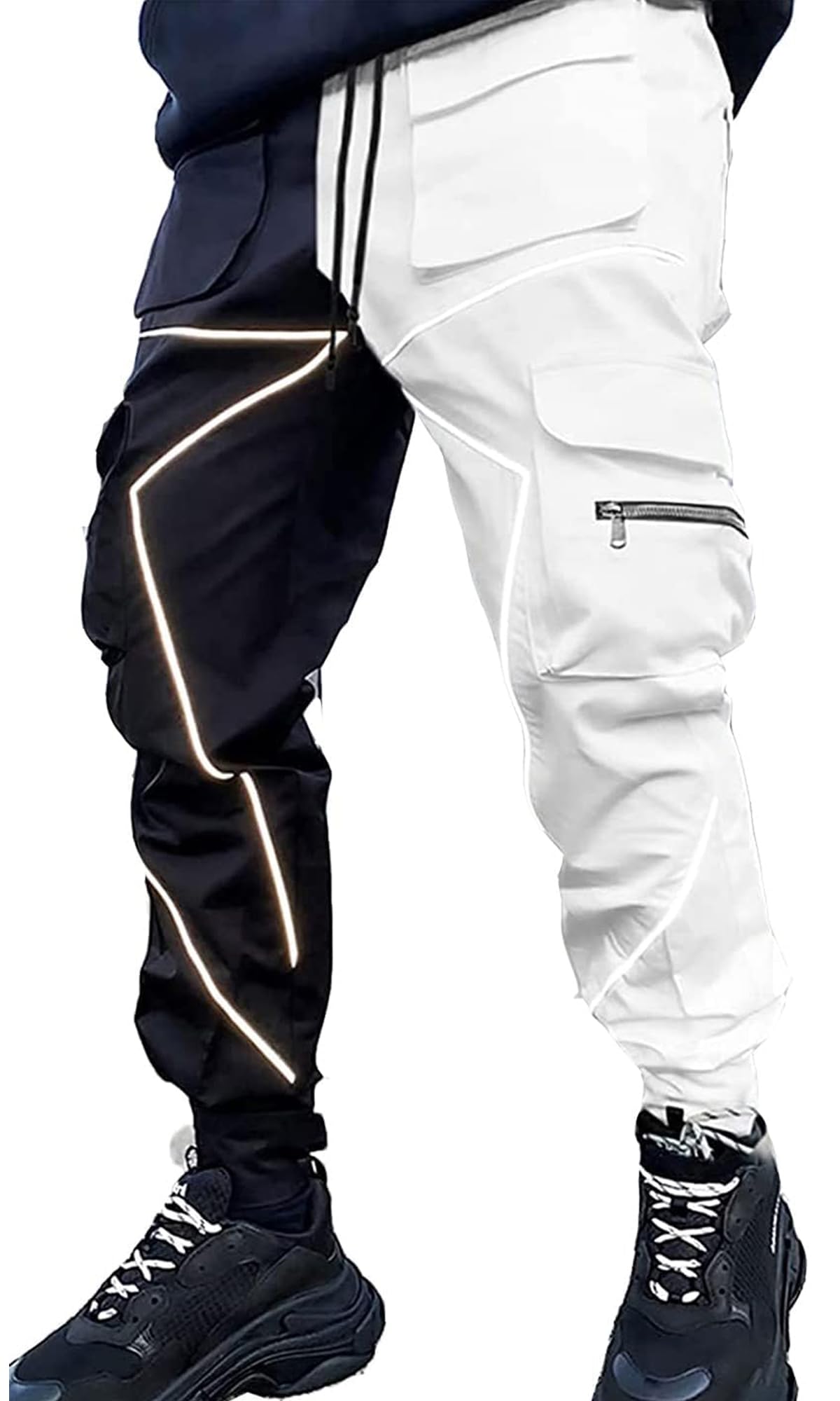 Ambcol Men's Hip Hop Tech Cargo Joggers - Black/White