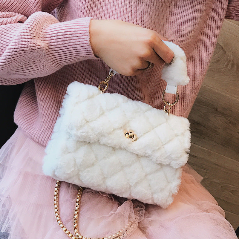 Furry Crossbody Bag with Quilted Chain Strap