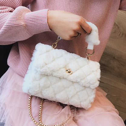 Furry Crossbody Bag with Quilted Chain Strap