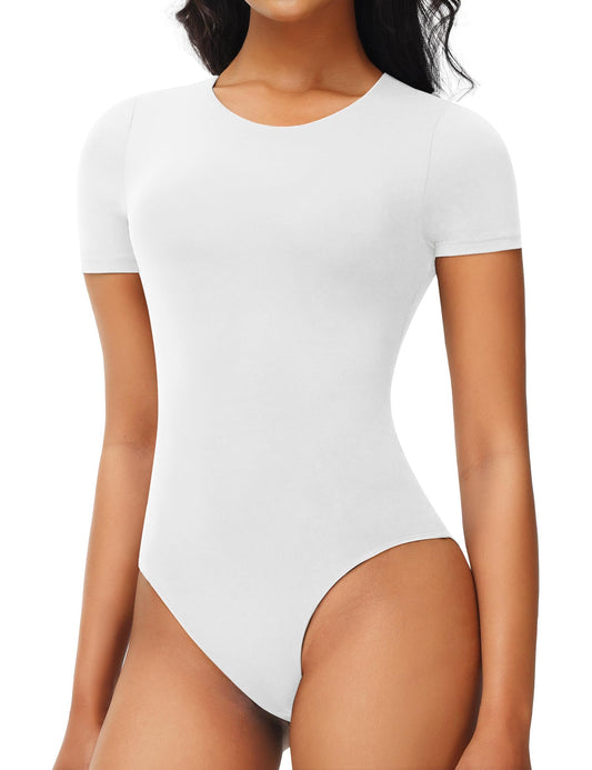 POLIRO Womens Double Lined Short Sleeve Bodysuits Crew Neck Body Suit Tshirt Bodysuits Slimming Basic Seamless Bodysuit Tops