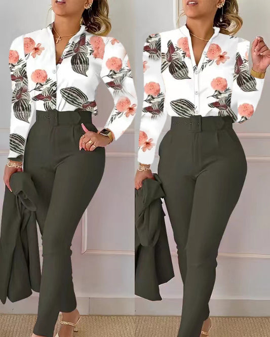 Fashionable Printed Long Sleeve Top and Pants Set