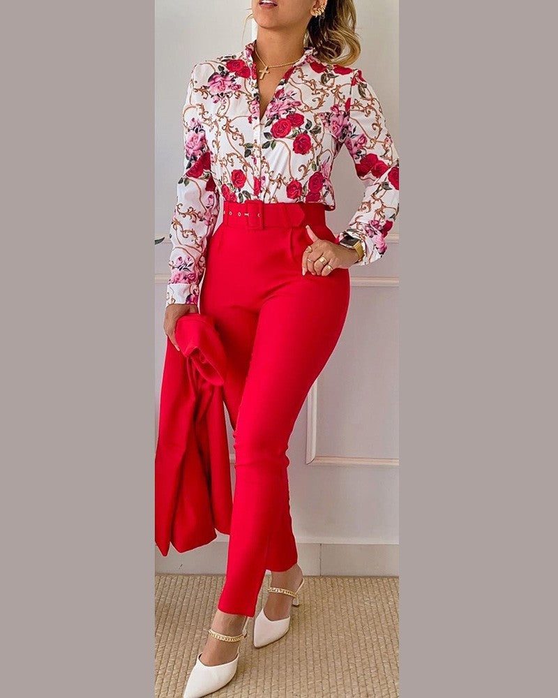 Fashionable Printed Long Sleeve Top and Pants Set