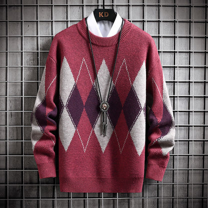 Men's Loose Plaid Round Neck Sweater Top