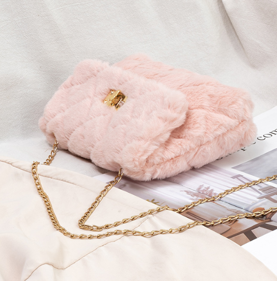 Furry Crossbody Bag with Quilted Chain Strap