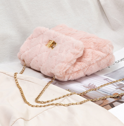 Furry Crossbody Bag with Quilted Chain Strap