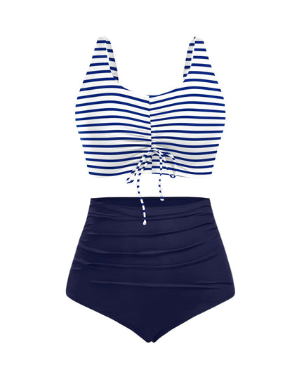 Aqua Eve Full Coverage Plus Bikini - V-Neck, Ruched Bottoms, Stripe Pattern