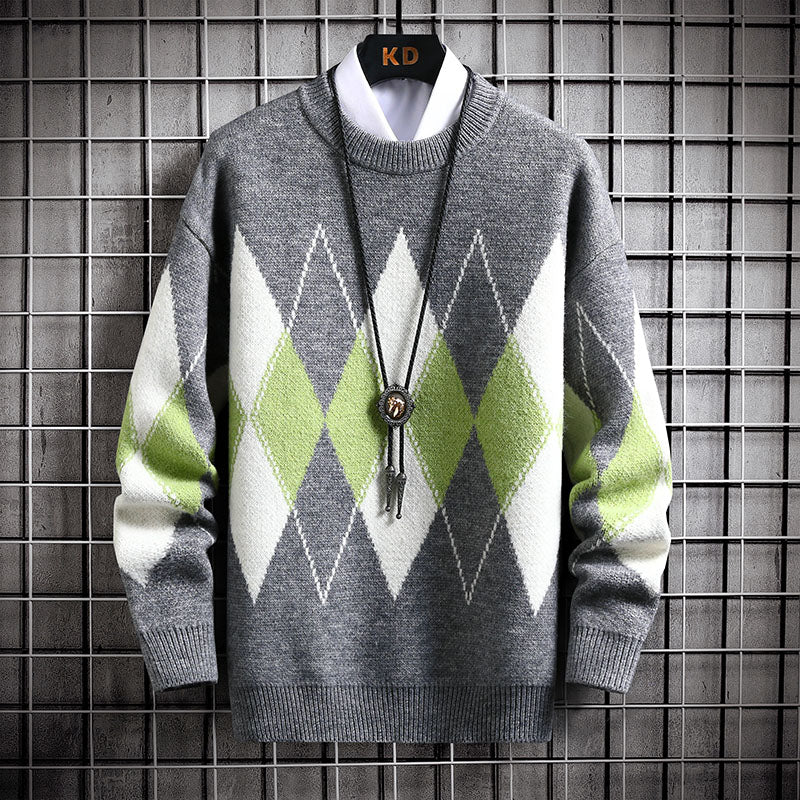 Men's Loose Plaid Round Neck Sweater Top