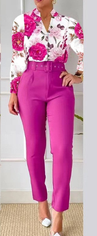 Fashionable Printed Long Sleeve Top and Pants Set