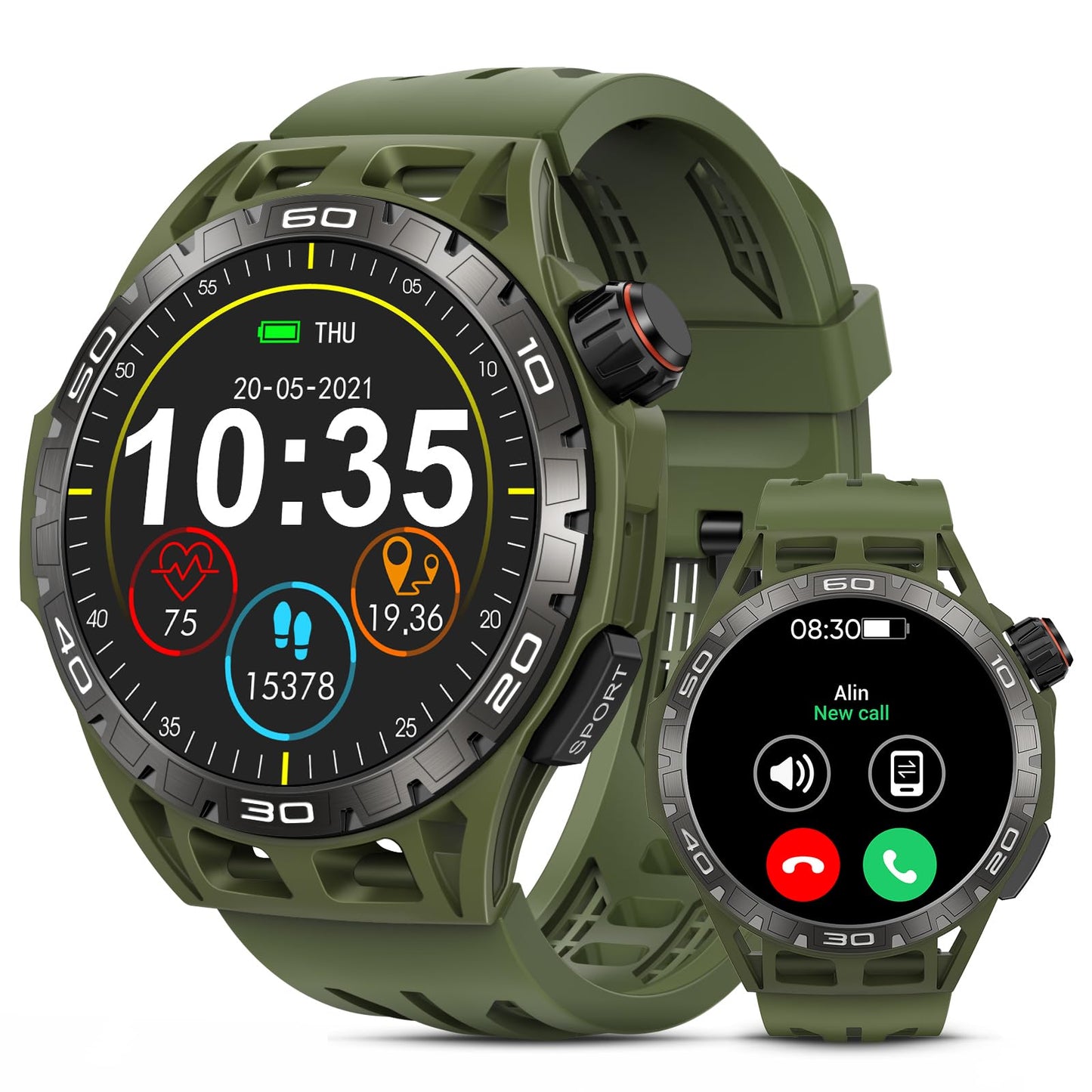 Bambooinn Military Smart Watch for Men - Bluetooth Calls 5ATM Waterproof Smart Watch for Android and iOS 1.43" AMOLED Screen Fitness Watch with 110+ Sport Modes/SpO2/Heart Rate/Sleep MonitorGreen