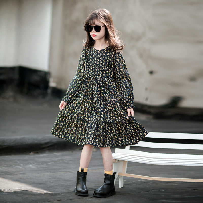 Floral Long-sleeved Cotton Princess Dress in Western Style