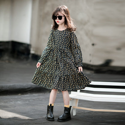 Floral Long-sleeved Cotton Princess Dress in Western Style