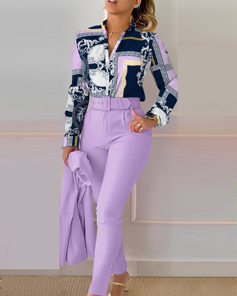 Fashionable Printed Long Sleeve Top and Pants Set