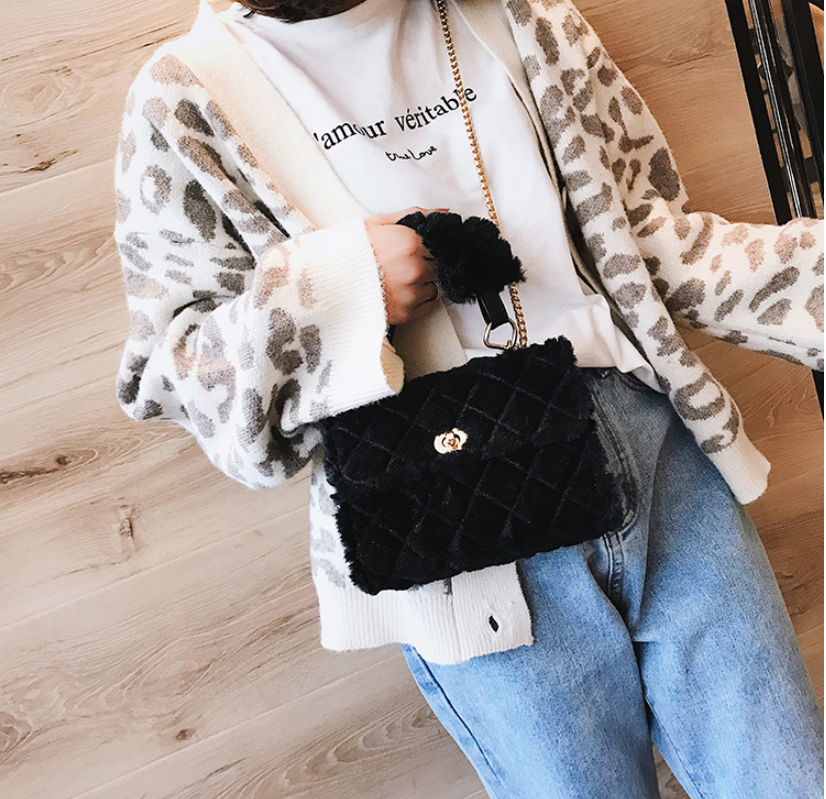 Furry Crossbody Bag with Quilted Chain Strap