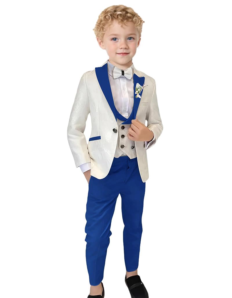 Boys Suit Jacquard Suits for Boys Slim Fit Tuxedo Suits Peak Lapel 3 Piece Set Teens Formal Outfit Royal Blue for Wedding Size 10