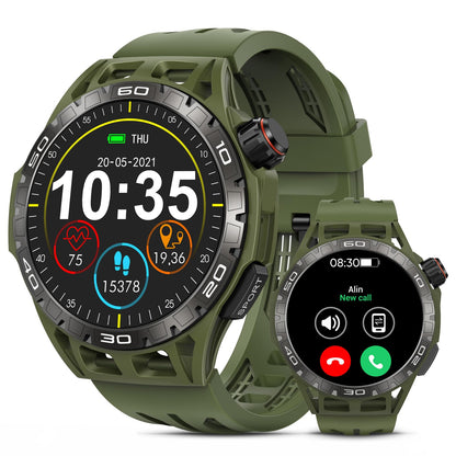 Bambooinn Military Smart Watch for Men - Bluetooth Calls 5ATM Waterproof Smart Watch for Android and iOS 1.43" AMOLED Screen Fitness Watch with 110+ Sport Modes/SpO2/Heart Rate/Sleep MonitorGreen