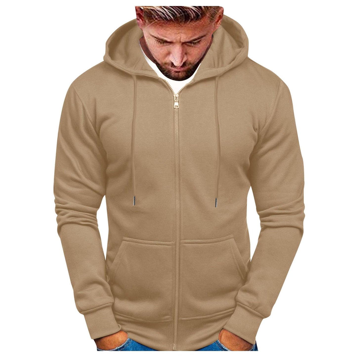 Men's Full-Zip Hooded Sweatshirt with Pockets - Khaki
