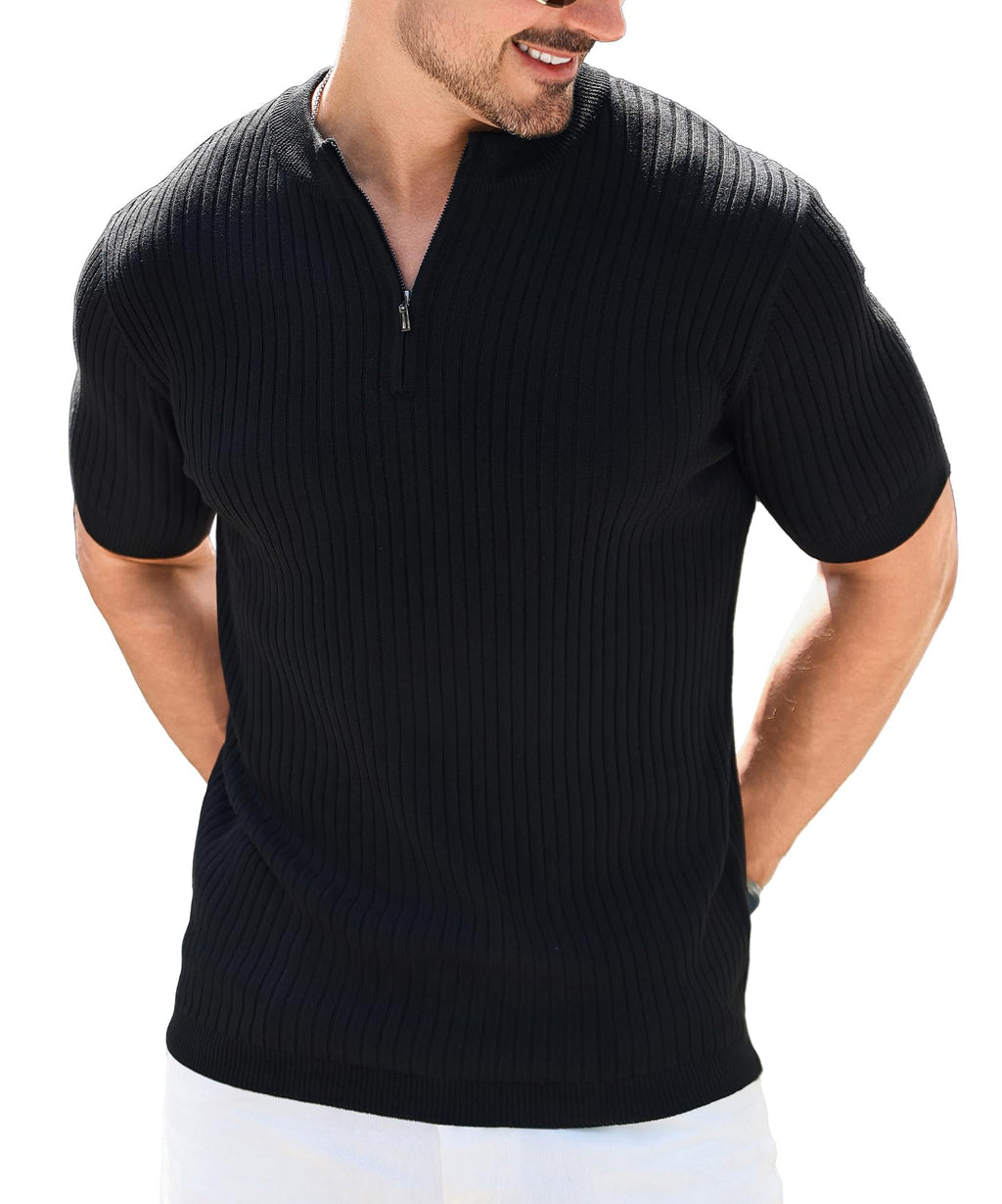 KAVIANA Slim Fit Ribbed Zip Polo Shirt for Men - Black
