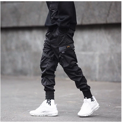 Men's Black Hip Hop Cargo Jogger Pants with Pockets