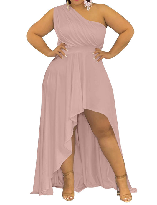 Womens Plus Size One Shoulder Asymmetrical Dress Sexy High Low Maxi Dress Evening Gown Dusty Pink 5XL
