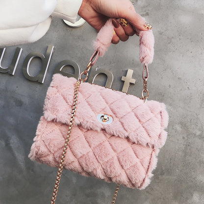 Furry Crossbody Bag with Quilted Chain Strap