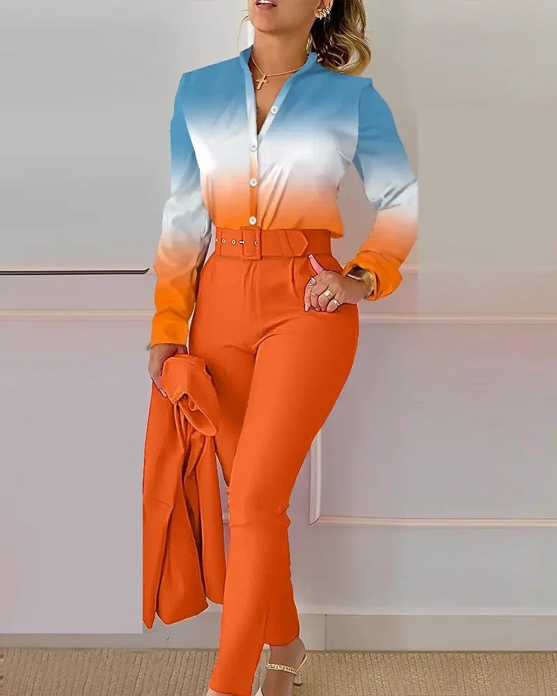 Fashionable Printed Long Sleeve Top and Pants Set