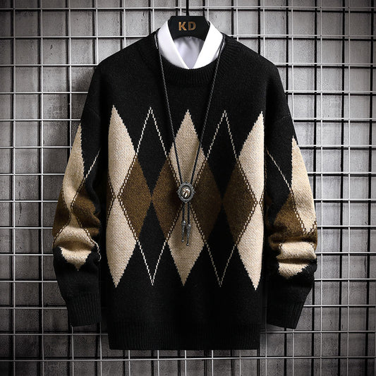 Men's Loose Plaid Round Neck Sweater Top
