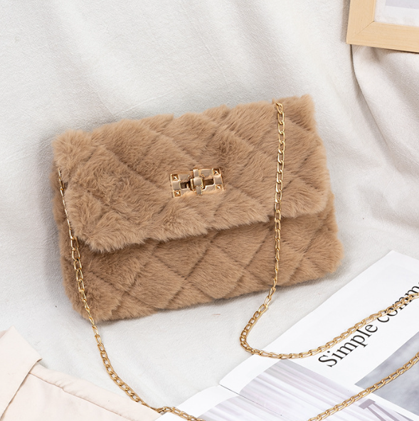 Furry Crossbody Bag with Quilted Chain Strap