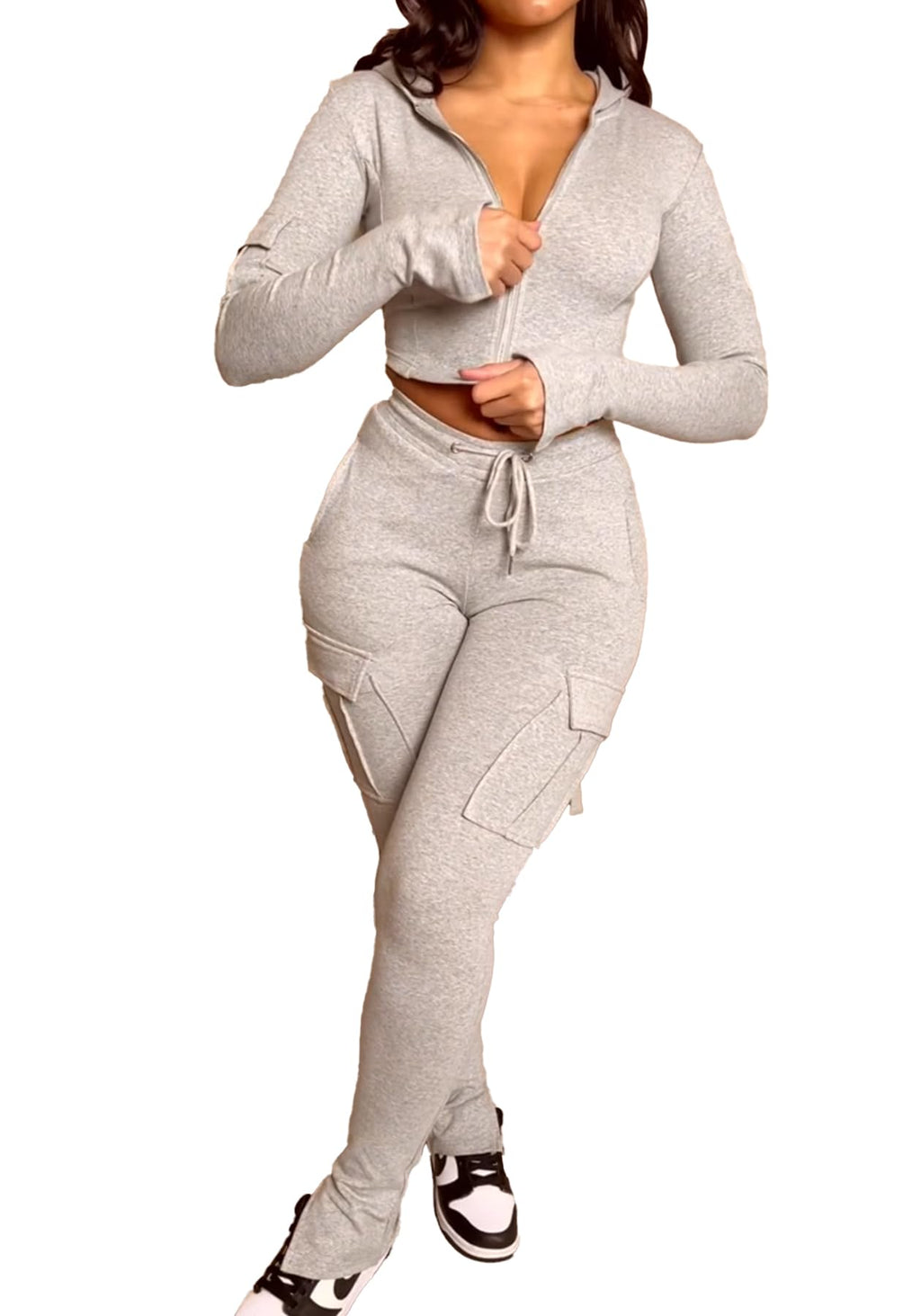 Voghtic Women's Sporty Zip Crop Hoodie & Sweatpants Set