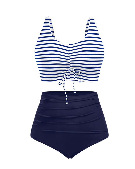 Aqua Eve Full Coverage Plus Bikini - V-Neck, Ruched Bottoms, Stripe Pattern
