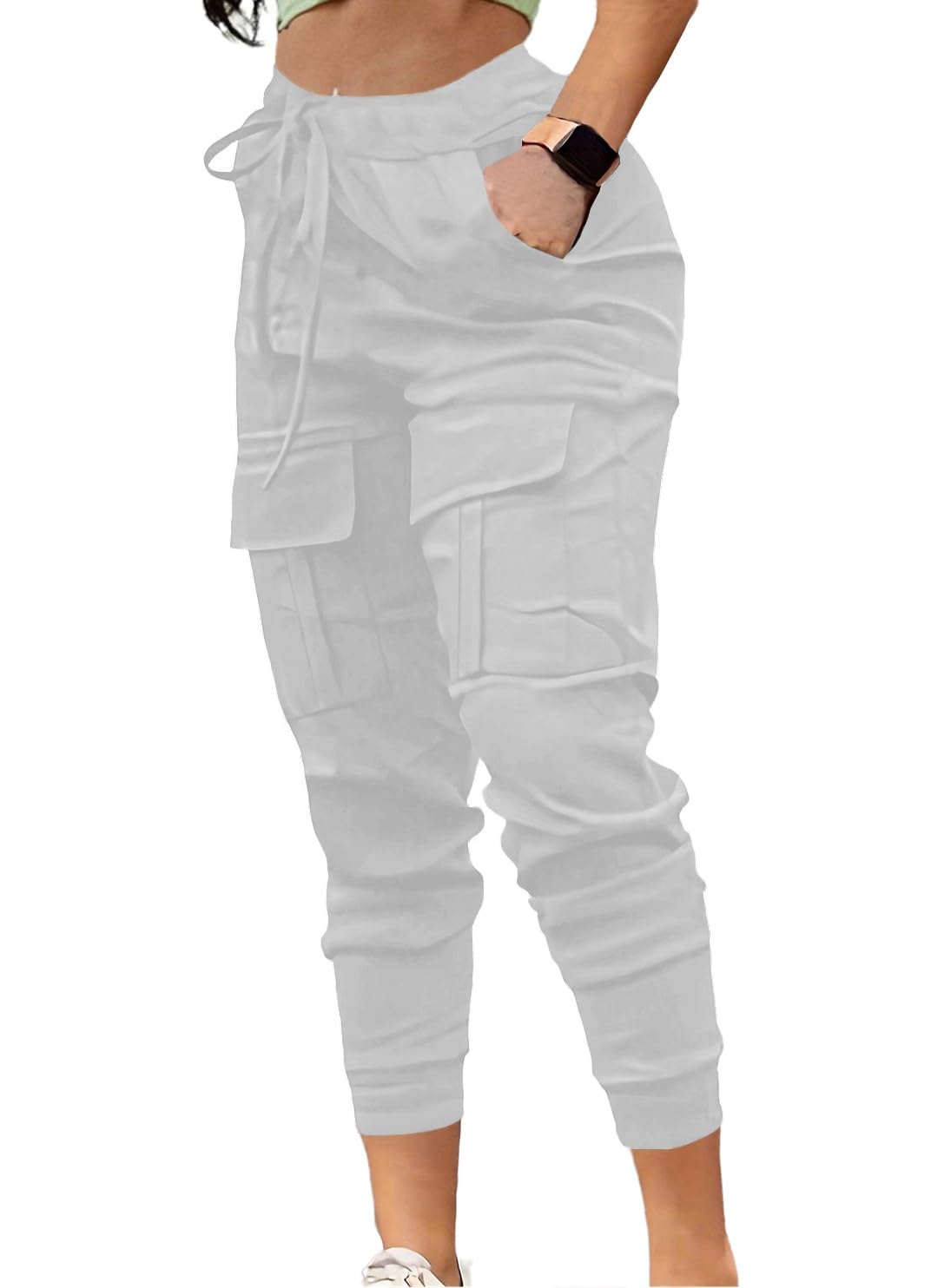 HOPYOP Womens Cargo PantsAthletic Elastic Waist Baggy Cargo Pants for Women with Pockets (Large White)