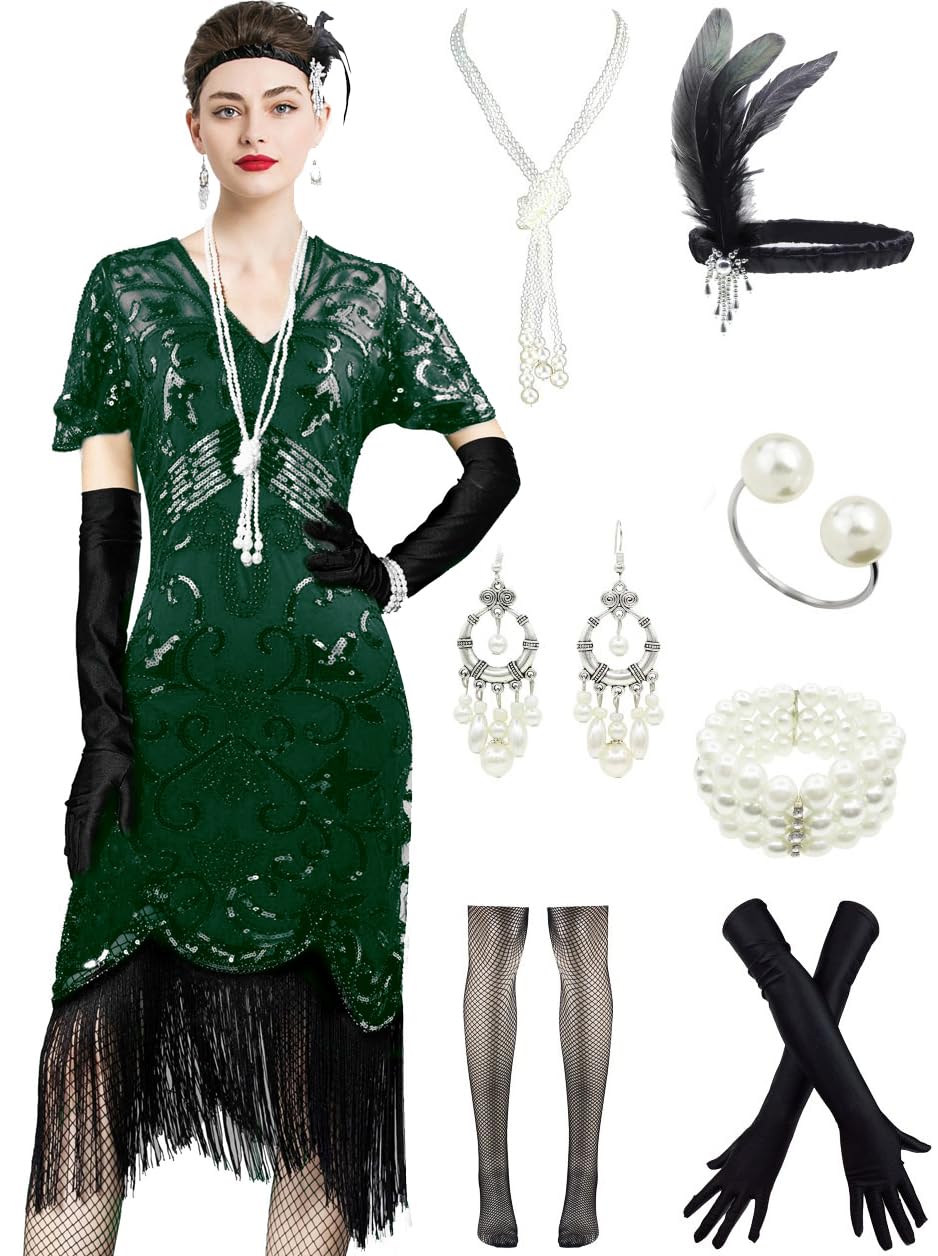 1920s Striped V-Neck Flapper Dress Set in Deep Green