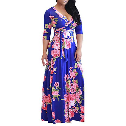 Plus Size Women's Floral Tie Waist Maxi Dress