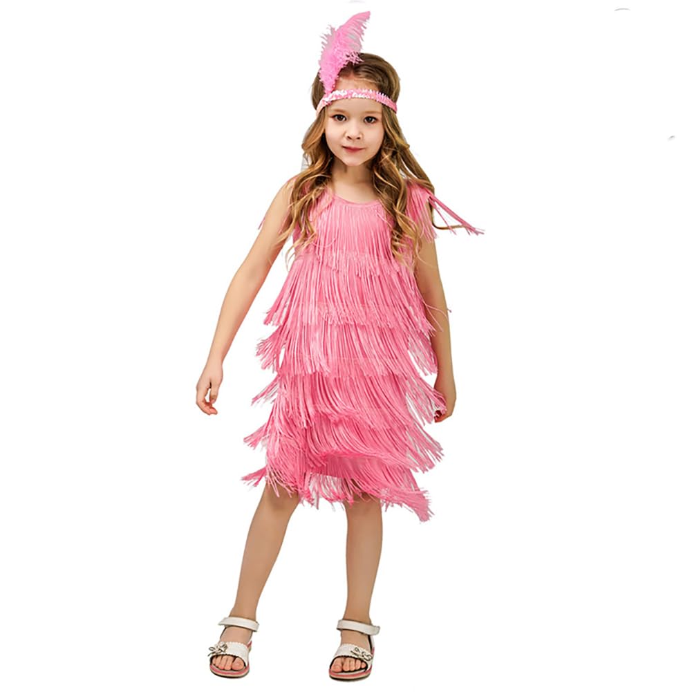 Pink Flapper Costume for Kids 1920s Pink Flapper Dress Girls Sleeveless Tassel Fringe Dress Latin Dance Dresses Roaring 20s Gatsby Flapper Dresses Pink 10-12 Years