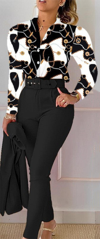 Fashionable Printed Long Sleeve Top and Pants Set
