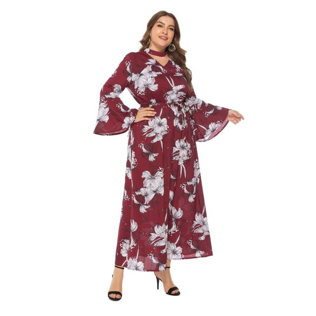 Plus Size Boho Floral Maxi Dress with Choker Neckline