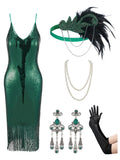 YESSA 1920s Gatsby Flapper Dress Set - Malachite Green Small