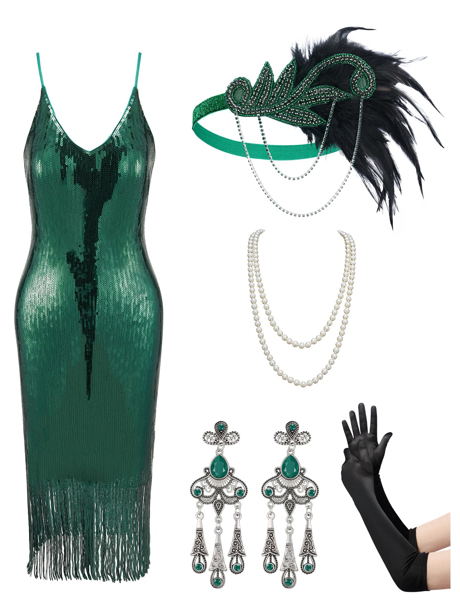 YESSA 1920s Gatsby Flapper Dress Set - Malachite Green Small