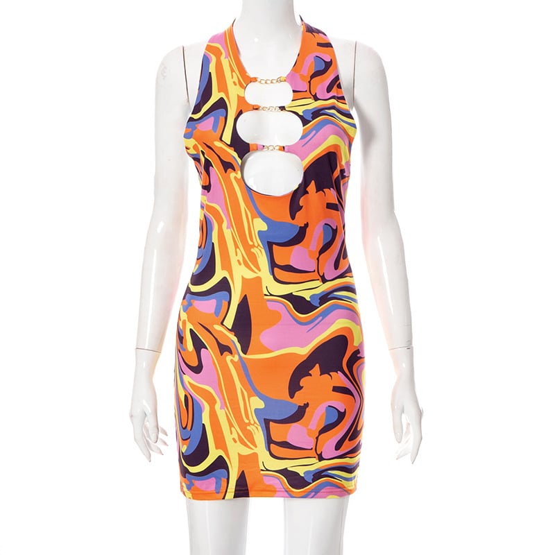 Halter Backless Dress with Metal Cutout Design