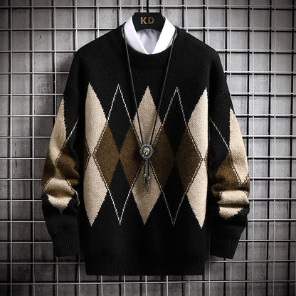 Men's Loose Plaid Round Neck Sweater Top
