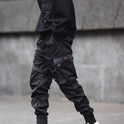 Men's Black Hip Hop Cargo Jogger Pants with Pockets