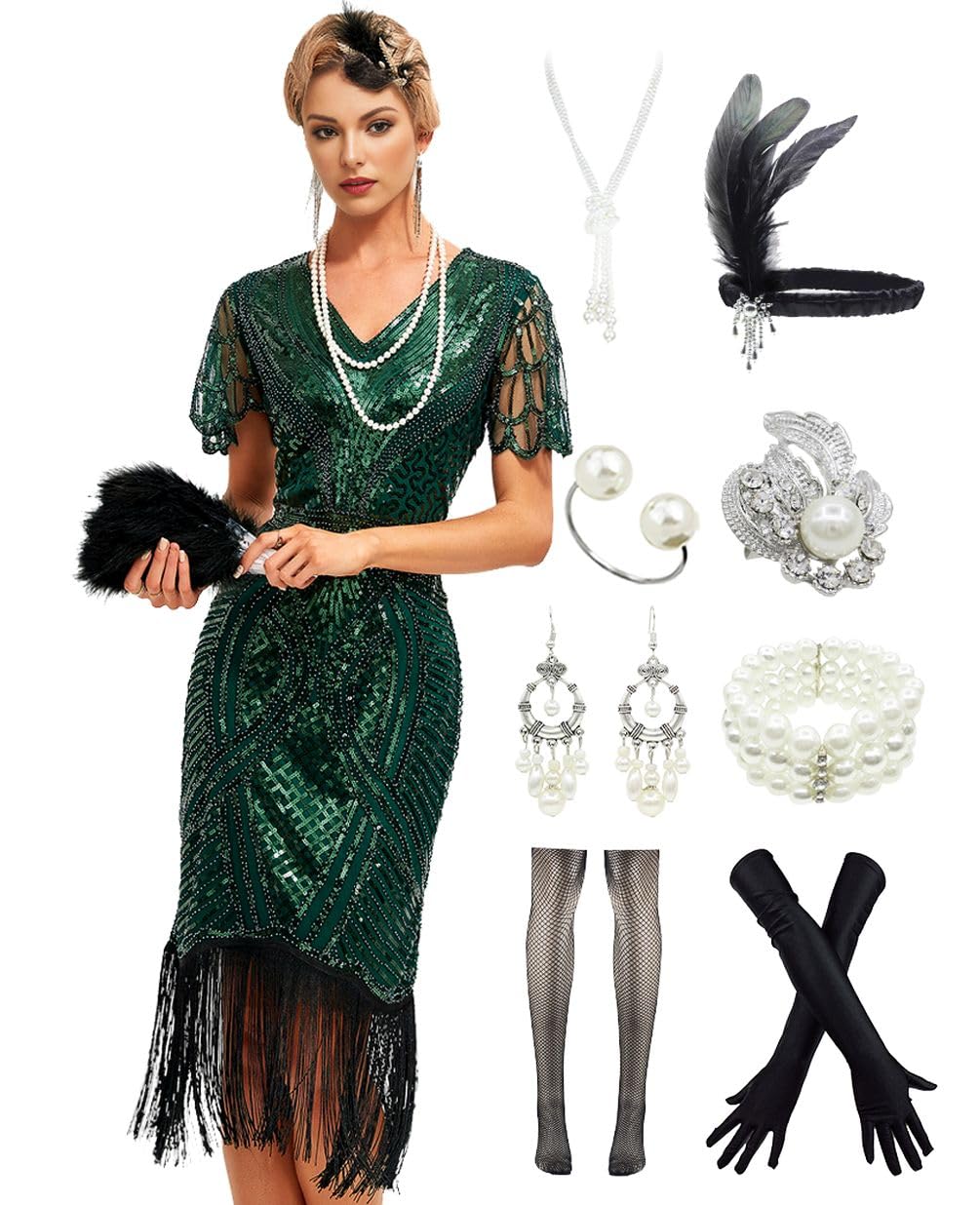 Gatsby Glow 1920s Sequin Flapper Dress & Accessory Kit
