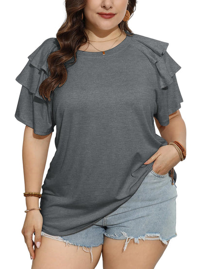 TAKEYAL Womens Plus Size Tops Ruffle Short Sleeve Crew Neck Solid T Shirts Casual Blouses Tunic Top 1XL-5XL Grey