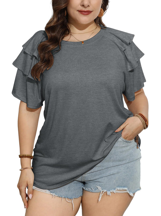TAKEYAL Womens Plus Size Tops Ruffle Short Sleeve Crew Neck Solid T Shirts Casual Blouses Tunic Top 1XL-5XL Grey